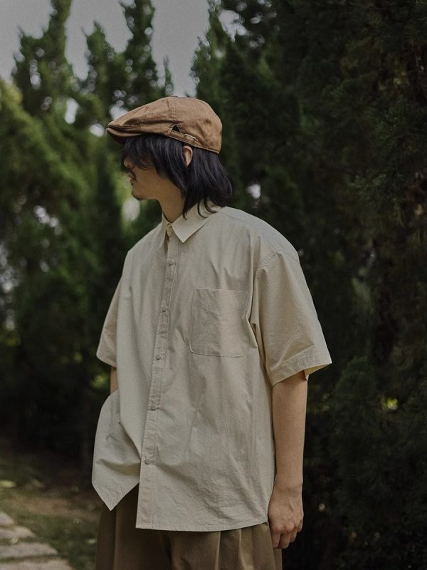 Retro Japanese-Style Short Sleeve Work Shirt for Men - Casual Layered Solid Color Half-Sleeve Shirt Jacket for Summer Trends