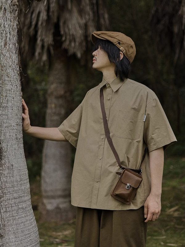 Retro Japanese-Style Short Sleeve Work Shirt for Men - Casual Layered Solid Color Half-Sleeve Shirt Jacket for Summer Trends
