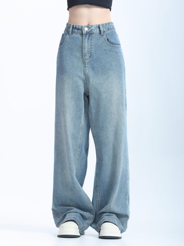 Retro Korean-Style Blue Wide-Leg Jeans for Women - Trendy Loose Straight Pants for Autumn Fashion