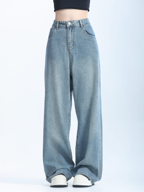 Retro Korean-Style Blue Wide-Leg Jeans for Women - Trendy Loose Straight Pants for Autumn Fashion