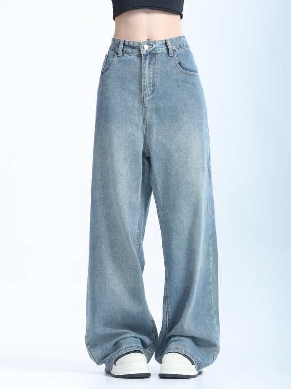 Retro Korean-Style Blue Wide-Leg Jeans for Women - Trendy Loose Straight Pants for Autumn Fashion