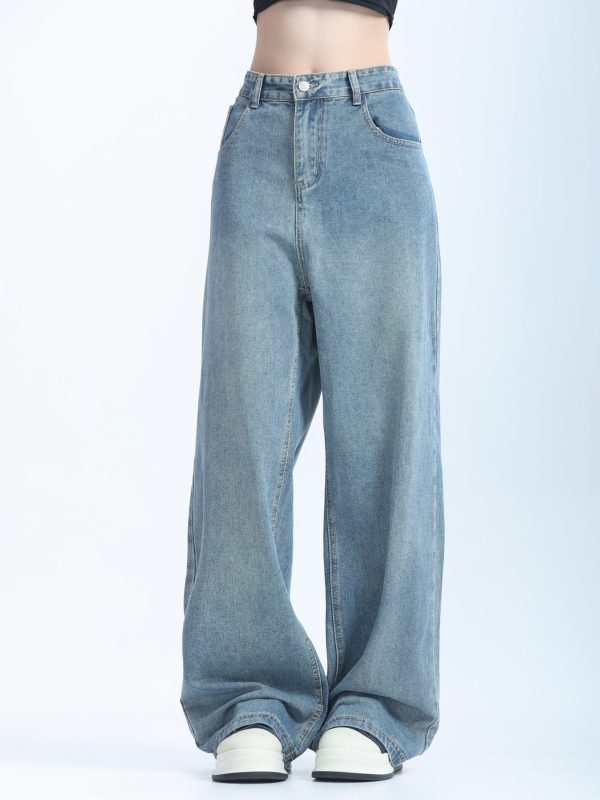 Retro Korean-Style Blue Wide-Leg Jeans for Women - Trendy Loose Straight Pants for Autumn Fashion