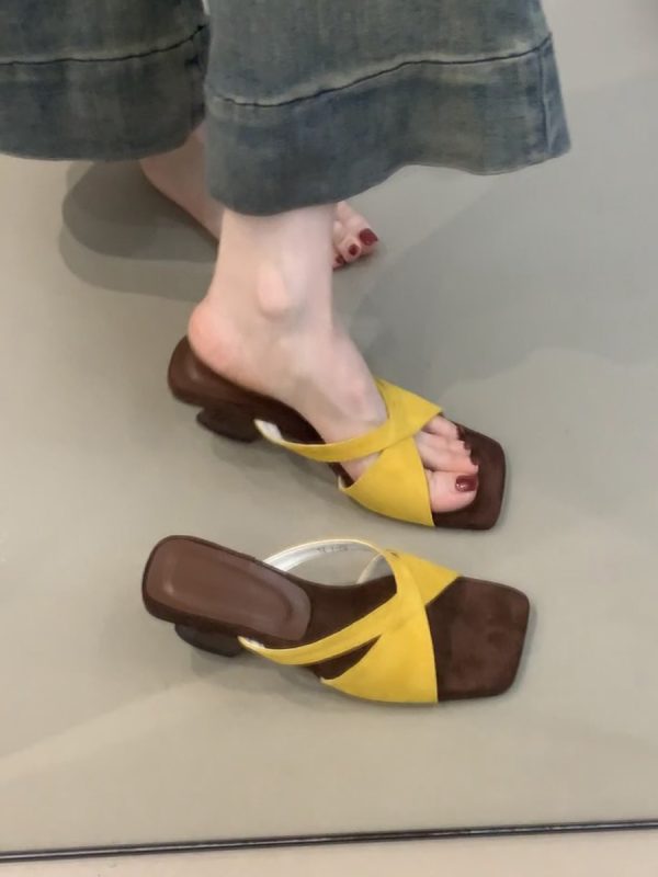 Retro Leopard Print Sheepskin High-Heeled One-Strap Sandals for Women - Summer Open-Toe Square Toe Wedge Footwear