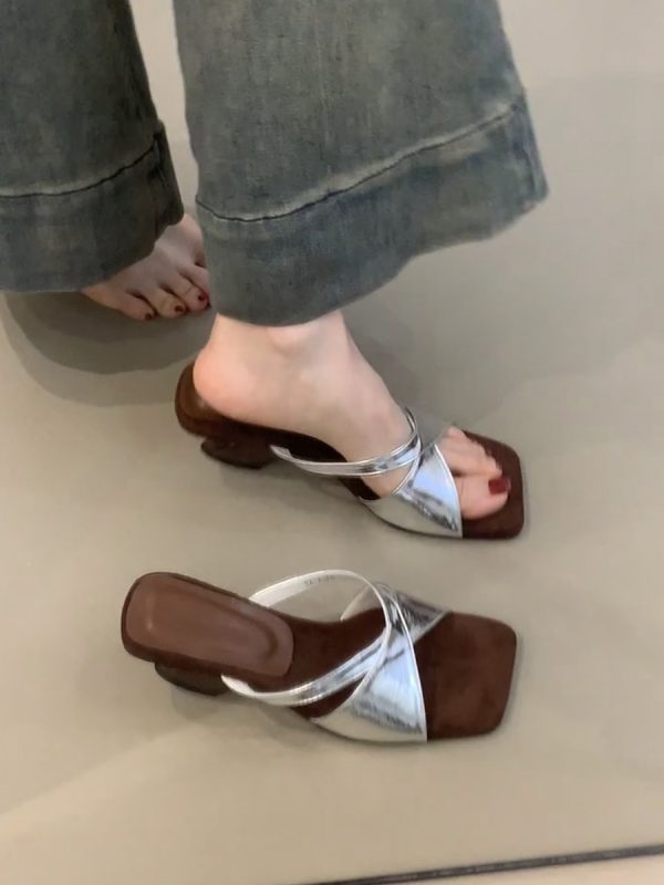 Retro Leopard Print Sheepskin High-Heeled One-Strap Sandals for Women - Summer Open-Toe Square Toe Wedge Footwear