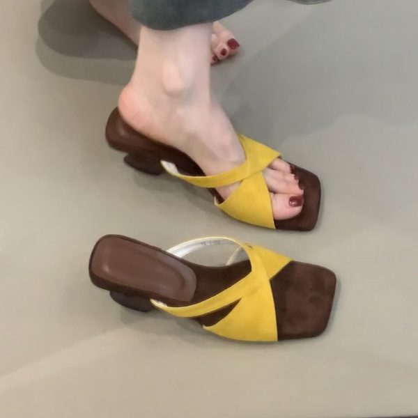 Retro Leopard Print Sheepskin High-Heeled One-Strap Sandals for Women - Summer Open-Toe Square Toe Wedge Footwear