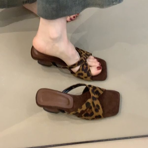 Retro Leopard Print Sheepskin High-Heeled One-Strap Sandals for Women - Summer Open-Toe Square Toe Wedge Footwear