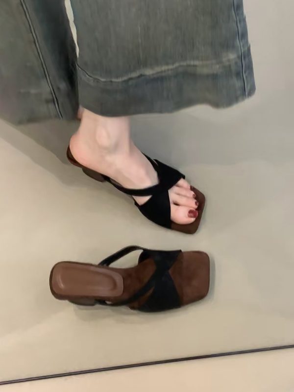 Retro Leopard Print Sheepskin High-Heeled One-Strap Sandals for Women - Summer Open-Toe Square Toe Wedge Footwear