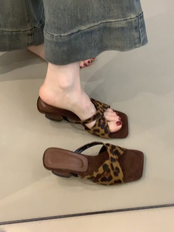 Retro Leopard Print Sheepskin High-Heeled One-Strap Sandals for Women - Summer Open-Toe Square Toe Wedge Footwear