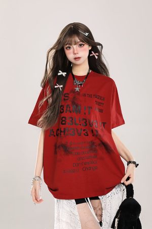 Retro Letter Print Short-Sleeve T-Shirt for Women - Casual Loose Fit, Summer 2025 Style, Vintage-Inspired Fashion