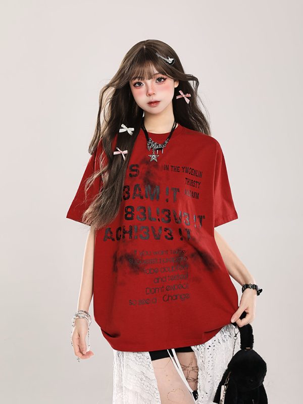 Retro Letter Print Short-Sleeve T-Shirt for Women - Casual Loose Fit, Summer 2025 Style, Vintage-Inspired Fashion