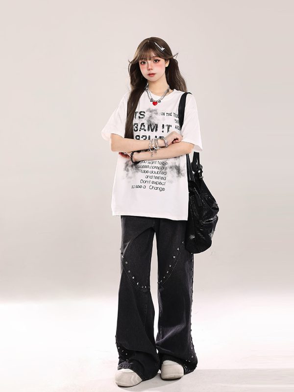 Retro Letter Print Short-Sleeve T-Shirt for Women - Casual Loose Fit, Summer 2025 Style, Vintage-Inspired Fashion