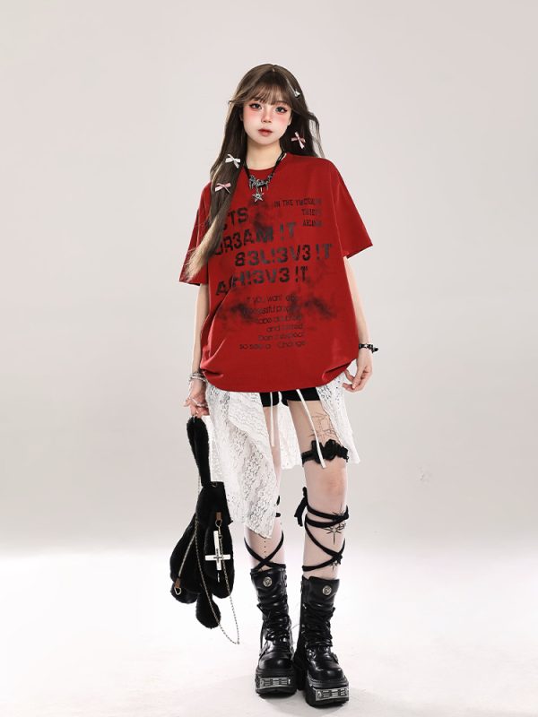 Retro Letter Print Short-Sleeve T-Shirt for Women - Casual Loose Fit, Summer 2025 Style, Vintage-Inspired Fashion