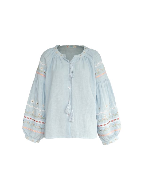Retro Linen Cotton Long Sleeve Shirt for Women - Honey Daisy Embroidered Lantern Sleeve Top - Spring Vintage Floral Style