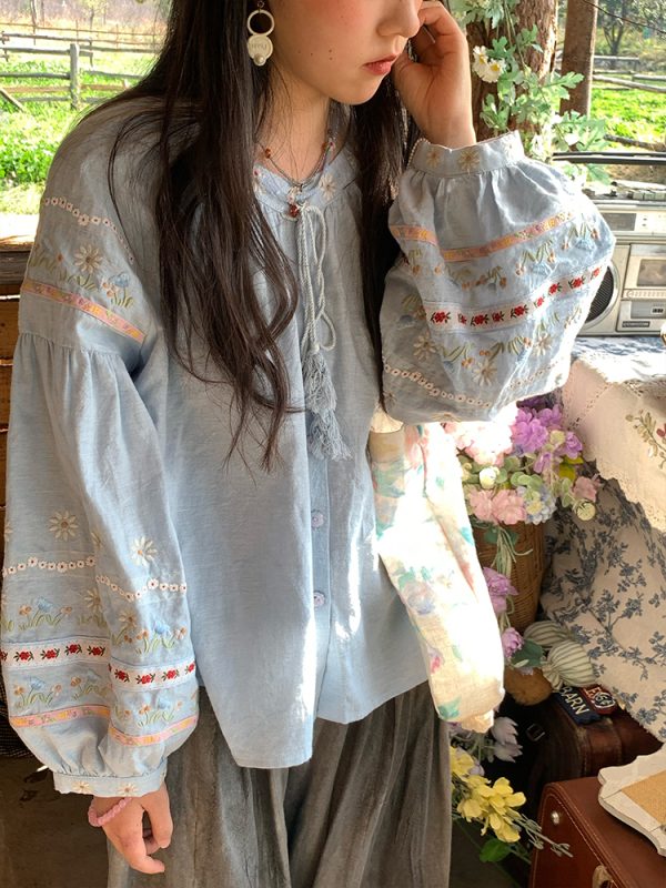 Retro Linen Cotton Long Sleeve Shirt for Women - Honey Daisy Embroidered Lantern Sleeve Top - Spring Vintage Floral Style