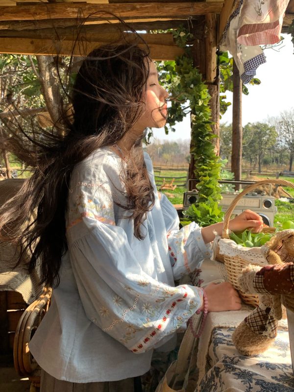 Retro Linen Cotton Long Sleeve Shirt for Women - Honey Daisy Embroidered Lantern Sleeve Top - Spring Vintage Floral Style
