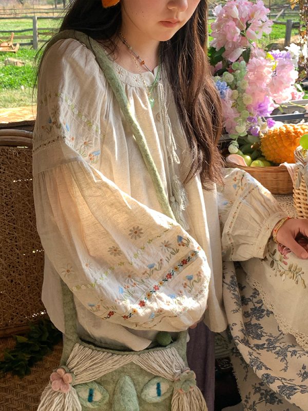 Retro Linen Cotton Long Sleeve Shirt for Women - Honey Daisy Embroidered Lantern Sleeve Top - Spring Vintage Floral Style