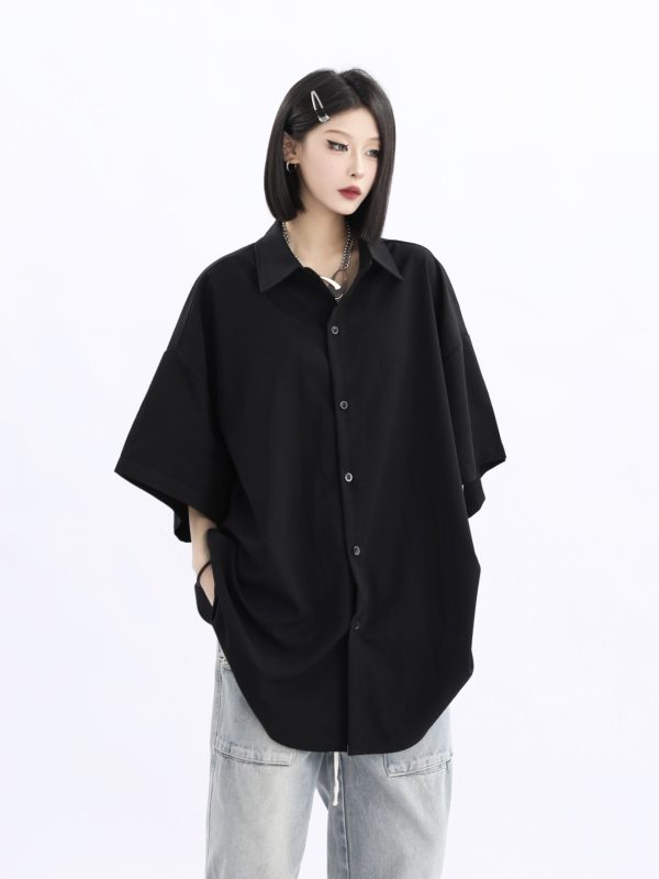 Retro Loose Draped Solid Color Short Sleeve Shirt for Women - Versatile American Style Couple Top