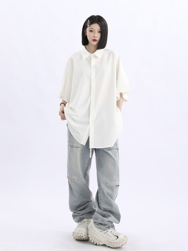 Retro Loose Draped Solid Color Short Sleeve Shirt for Women - Versatile American Style Couple Top