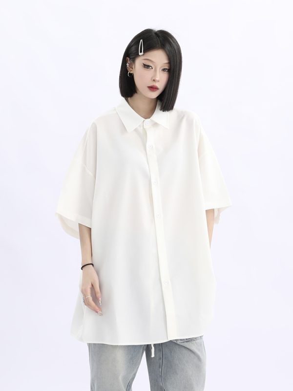 Retro Loose Draped Solid Color Short Sleeve Shirt for Women - Versatile American Style Couple Top