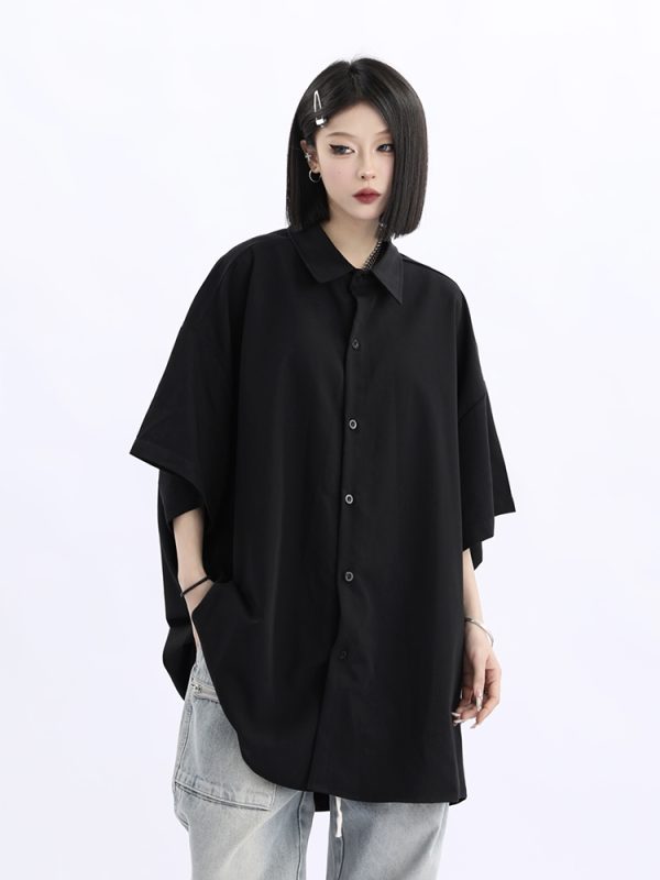 Retro Loose Draped Solid Color Short Sleeve Shirt for Women - Versatile American Style Couple Top