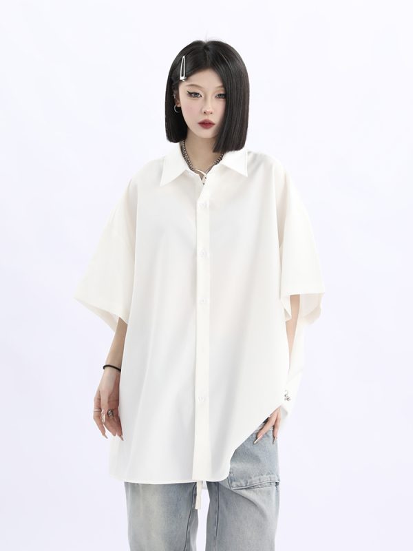 Retro Loose Draped Solid Color Short Sleeve Shirt for Women - Versatile American Style Couple Top