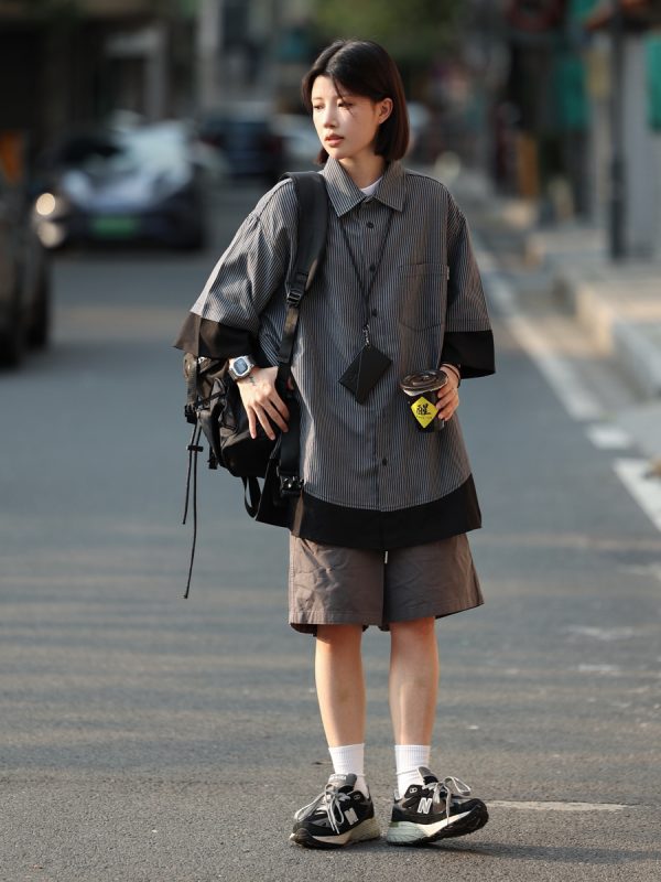 Retro Loose Short-Sleeve Men's Plaid Shirt - Two-Piece Splicing Japanese Style Summer Fashion