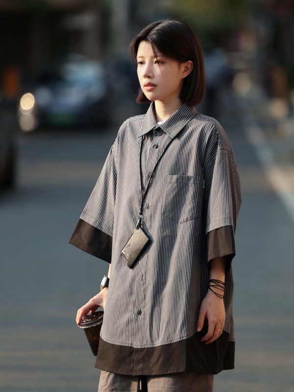 Retro Loose Short-Sleeve Men's Plaid Shirt - Two-Piece Splicing Japanese Style Summer Fashion