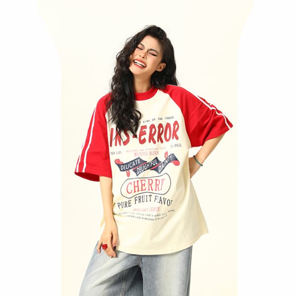 Retro Melange Spliced Short Sleeve T-Shirt for Couples - Unisex Letter Print Tee in 90s American Style
