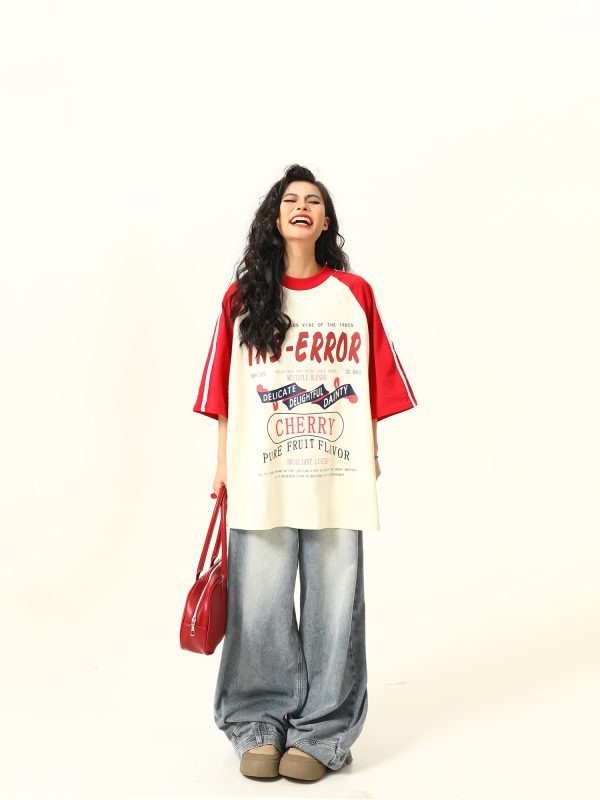 Retro Melange Spliced Short Sleeve T-Shirt for Couples - Unisex Letter Print Tee in 90s American Style