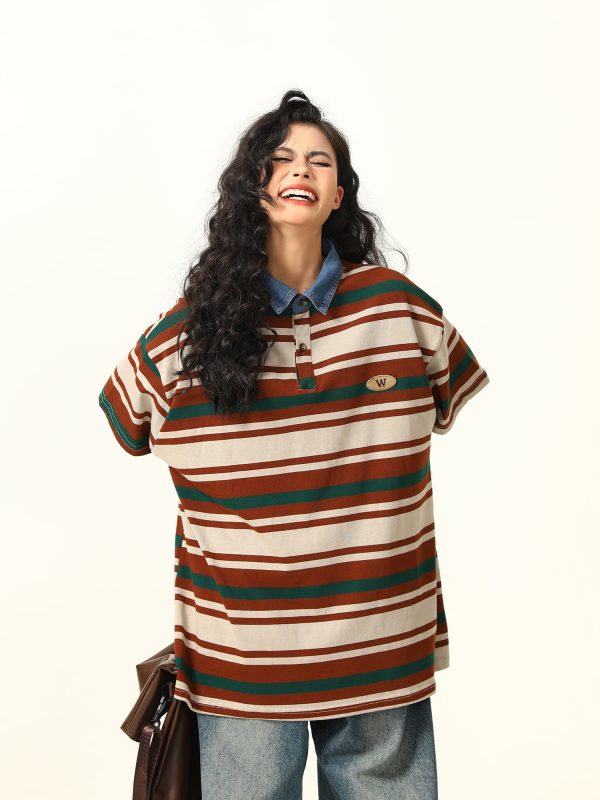 Retro Melard Striped Oversized Short Sleeve Summer T-Shirt for Women - Trendy American Style