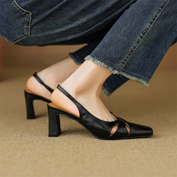 Retro Minimalist Chunky High-Heeled Sandals with Open Back - Super Comfortable Hollow Square-Toe Design for Stylish Summer Looks