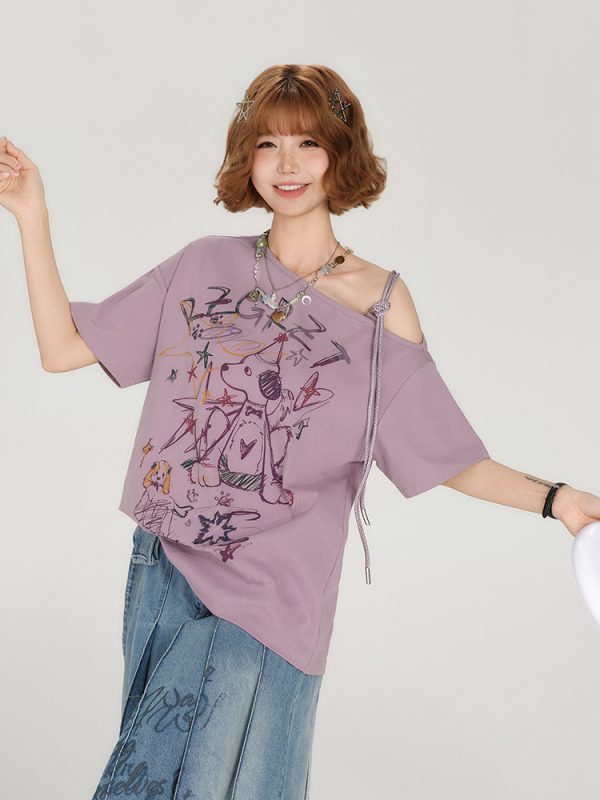 Retro Off-Shoulder Short Sleeve T-Shirt for Women - Summer Graffiti Print with Tie Design, Loose Fit, Y2K Style