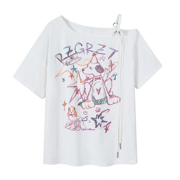 Retro Off-Shoulder Short Sleeve T-Shirt for Women - Summer Graffiti Print with Tie Design, Loose Fit, Y2K Style
