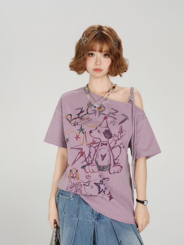 Retro Off-Shoulder Short Sleeve T-Shirt for Women - Summer Graffiti Print with Tie Design, Loose Fit, Y2K Style