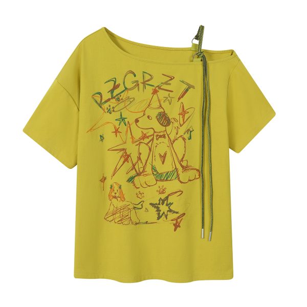 Retro Off-Shoulder Short Sleeve T-Shirt for Women - Summer Graffiti Print with Tie Design, Loose Fit, Y2K Style