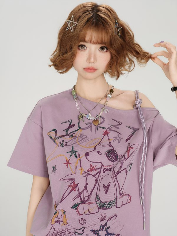 Retro Off-Shoulder Short Sleeve T-Shirt for Women - Summer Graffiti Print with Tie Design, Loose Fit, Y2K Style