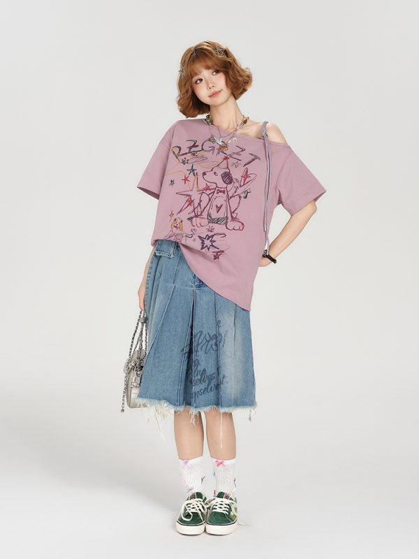 Retro Off-Shoulder Short Sleeve T-Shirt for Women - Summer Graffiti Print with Tie Design, Loose Fit, Y2K Style