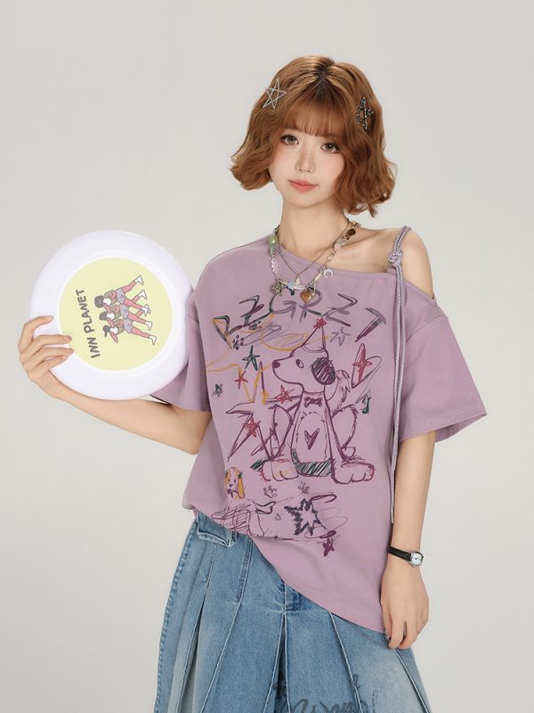 Retro Off-Shoulder Short Sleeve T-Shirt for Women - Summer Graffiti Print with Tie Design, Loose Fit, Y2K Style