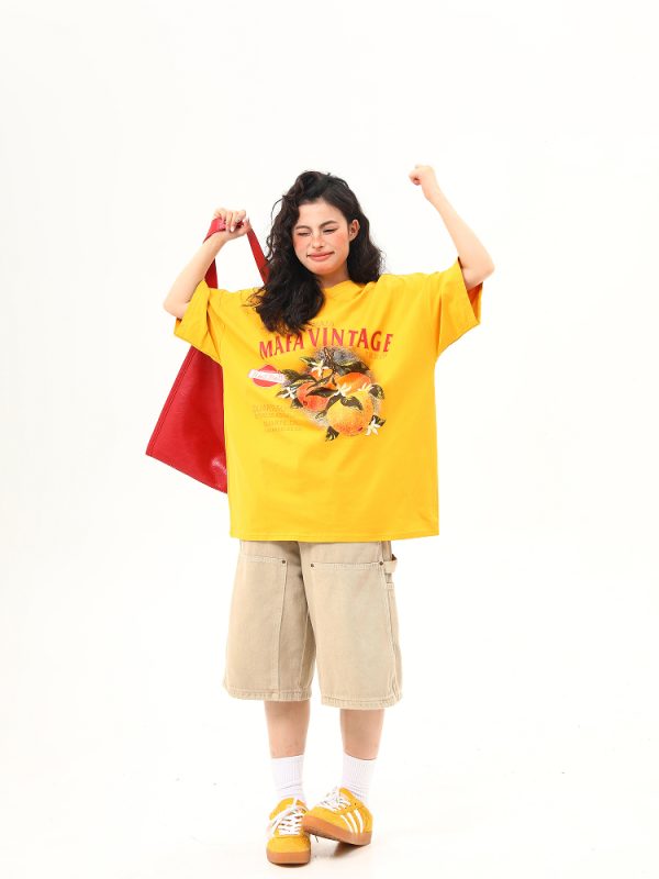 Retro Orange Print Short Sleeve T-Shirt for Women | Summer Vibe Ginger Yellow Tee | Y2K Fashion Top