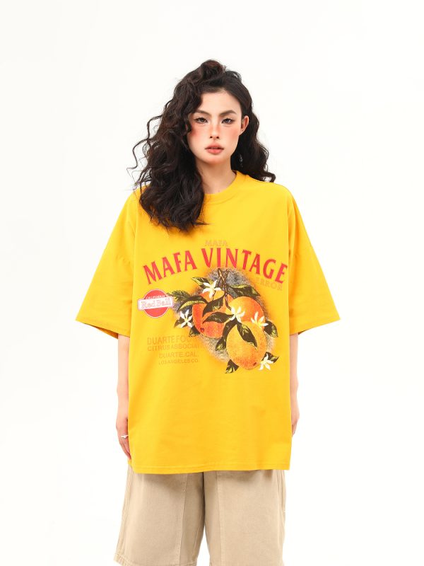 Retro Orange Print Short Sleeve T-Shirt for Women | Summer Vibe Ginger Yellow Tee | Y2K Fashion Top