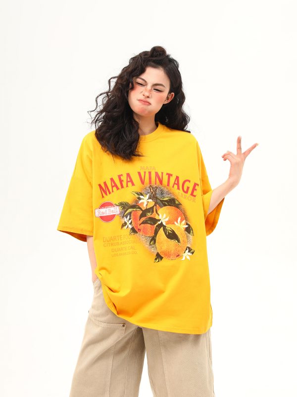 Retro Orange Print Short Sleeve T-Shirt for Women | Summer Vibe Ginger Yellow Tee | Y2K Fashion Top