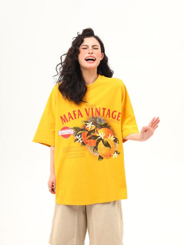 Retro Orange Print Short Sleeve T-Shirt for Women | Summer Vibe Ginger Yellow Tee | Y2K Fashion Top
