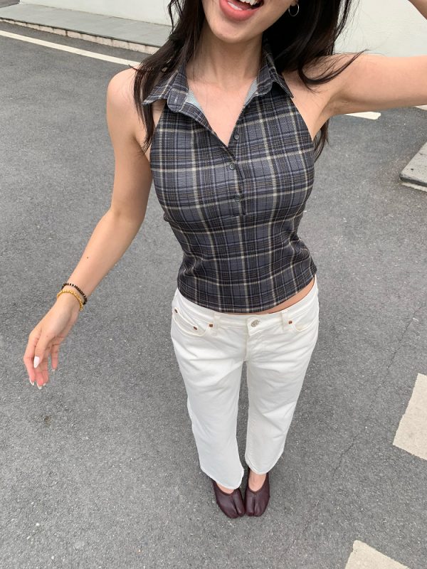Retro Plaid Halter Polo - 5-Second Outfit Emergency Kit, Slimming Design for Effortless Style, Perfect for Y2K Fashion Lovers