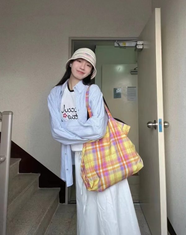 Retro Plaid Orange Tote Bag - Large Capacity Checkered Canvas Commuter Shoulder Bag for Stylish Shopping