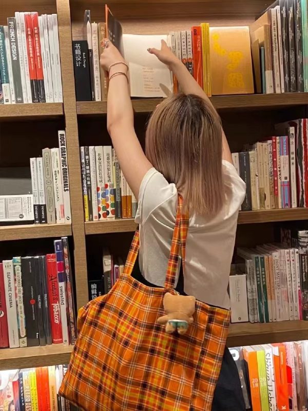 Retro Plaid Orange Tote Bag - Versatile High-Capacity Canvas Commuting Underarm Bag for Everyday Style