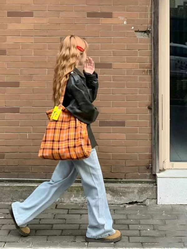 Retro Plaid Orange Tote Bag - Versatile High-Capacity Canvas Commuting Underarm Bag for Everyday Style