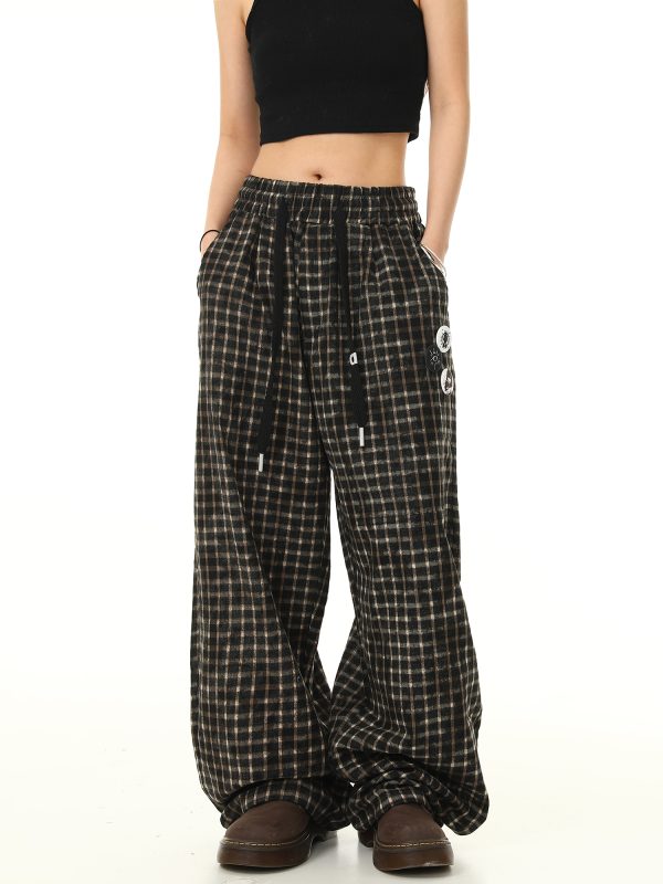 Retro Plaid Wide-Leg Casual Pants with Elastic Waist and Drawstring - Trendy Loose Drape Trousers for Y2K Style