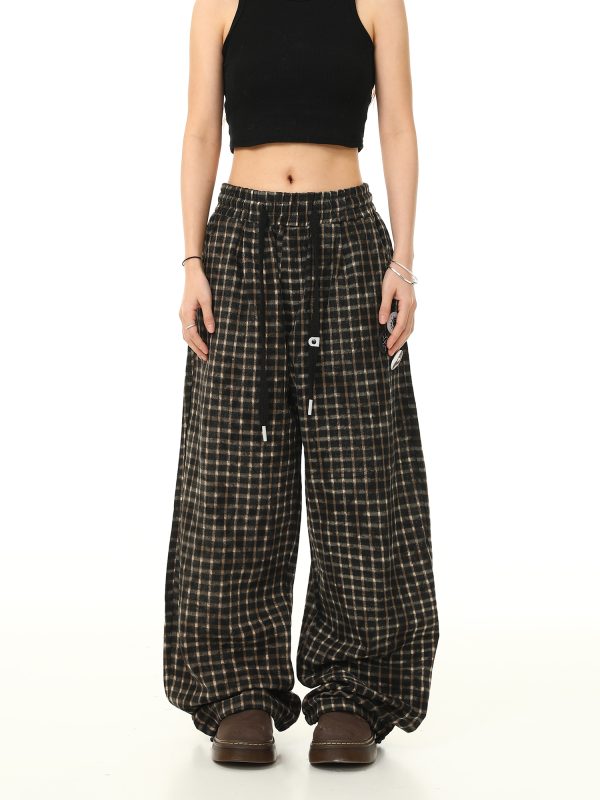 Retro Plaid Wide-Leg Casual Pants with Elastic Waist and Drawstring - Trendy Loose Drape Trousers for Y2K Style