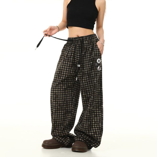 Retro Plaid Wide-Leg Casual Pants with Elastic Waist and Drawstring - Trendy Loose Drape Trousers for Y2K Style
