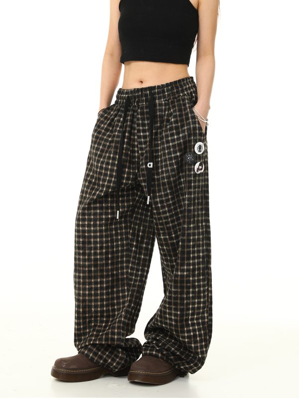 Retro Plaid Wide-Leg Casual Pants with Elastic Waist and Drawstring - Trendy Loose Drape Trousers for Y2K Style